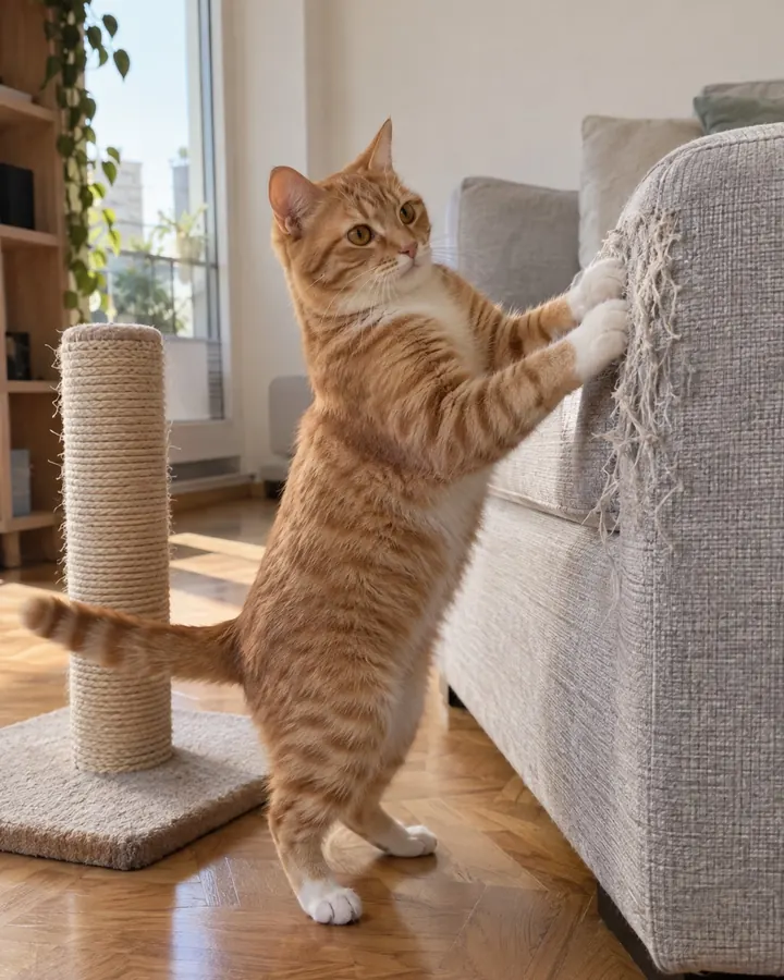 Un gato naranja araña el brazo de un sillón gris, al lado de un rascador nuevo que no usa